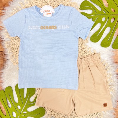  Conj. Camiseta Oceans e Bermuda em Moletinho - Azul Claro e Areia